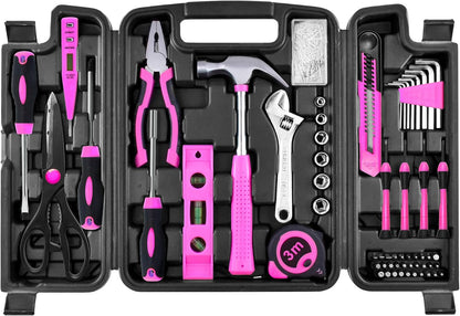 Pink Tool Set for Women,130 Piece Home Tool Kit for Women with 3.6V Cordless Rechargeable Screwdriver,Basic Household Tool Kit Set for New Home,Apartment,College Dorm & DIY Projects