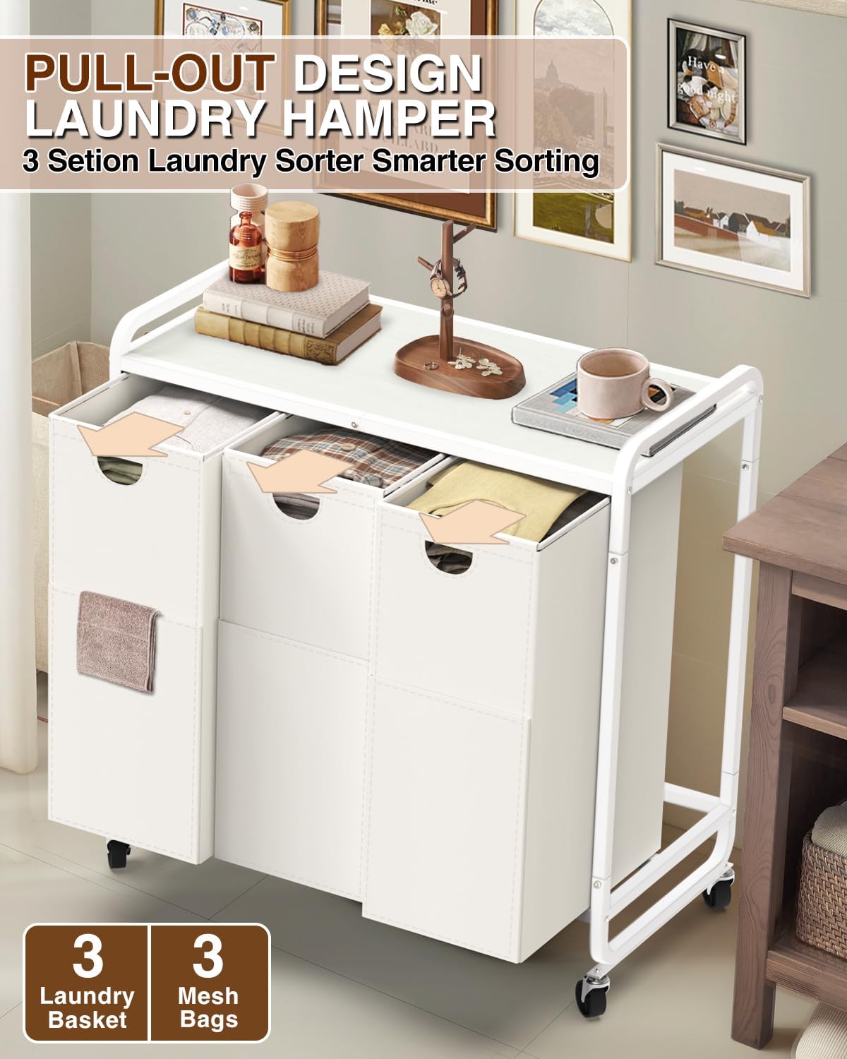 Laundry Sorter 3 Section,Laundry Basket with Wheels,3×15.8 Gal (60L) Laundry Hamper Organizer with Large Wooden Desktop Sorter,Pull-Out and Removable 900D Oxford Fabric Laundry Bags for Laundry Room