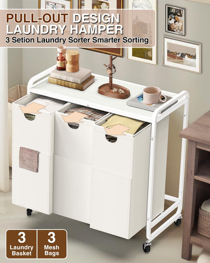 Laundry Sorter 3 Section,Laundry Basket with Wheels,3×15.8 Gal (60L) Laundry Hamper Organizer with Large Wooden Desktop Sorter,Pull-Out and Removable 900D Oxford Fabric Laundry Bags for Laundry Room