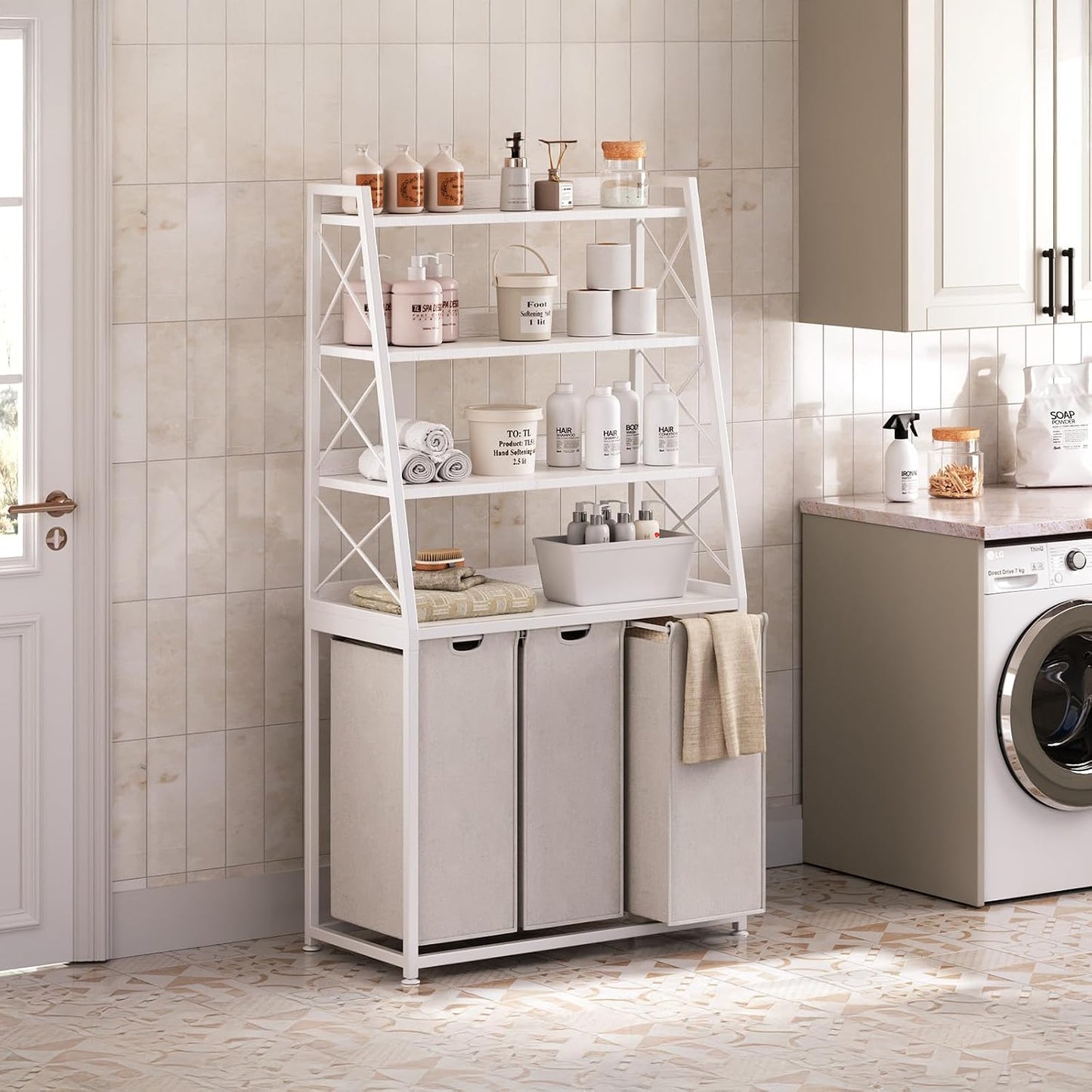 Herture Laundry Basket, 3 Section Laundry Hamper with 4 Tiers Shelf, Pull-Out and Removable Laundry Bags, Large 3 x 15.87 Gallons, for Laundry Room Bathroom Rustic Brown PF05XLN