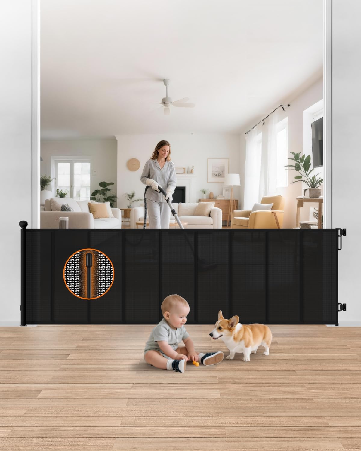 Retractable Baby Gate, 55" Wide Reinforced Mesh Baby Gate with 4 Fiberglass Support Rods for a Tighter Fit, 34" Tall Retractable Dog Gate for Stairways, Hallways and Doorways, Black