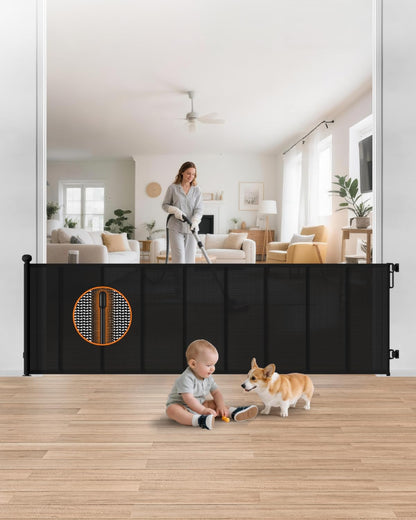 Retractable Baby Gate, 55" Wide Reinforced Mesh Baby Gate with 4 Fiberglass Support Rods for a Tighter Fit, 34" Tall Retractable Dog Gate for Stairways, Hallways and Doorways, Black