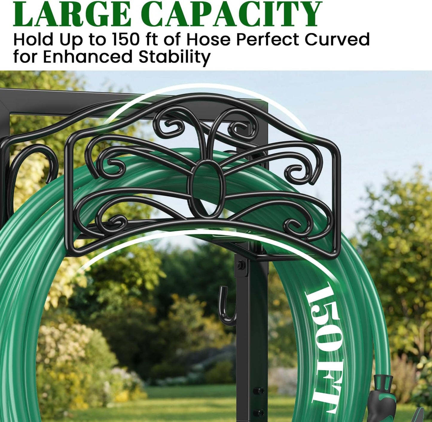 Sunvigor Garden Hose Holder, Heavy Duty Metal Hose Stand with 4 Spikes, Holds Up to 150FT Hose, No Drill Freestanding Hose Reel Alternative for Yard Lawn Outdoor