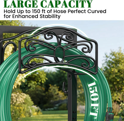 Sunvigor Garden Hose Holder, Heavy Duty Metal Hose Stand with 4 Spikes, Holds Up to 150FT Hose, No Drill Freestanding Hose Reel Alternative for Yard Lawn Outdoor