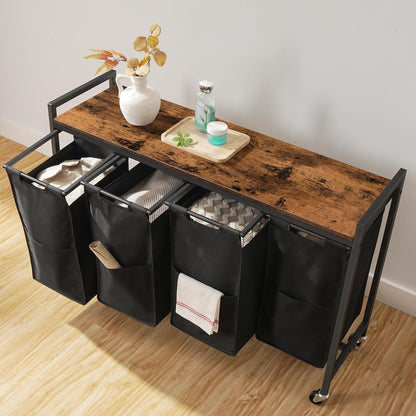 HOOBRO Laundry Sorter 4 Sections, Laundry Hamper with Wheels, 4 × 10.5 Gal (40 L), Rolling Laundry Basket, Pull-Out and Removable Oxford Fabric Bags, Rustic Brown and Black BF04XY01