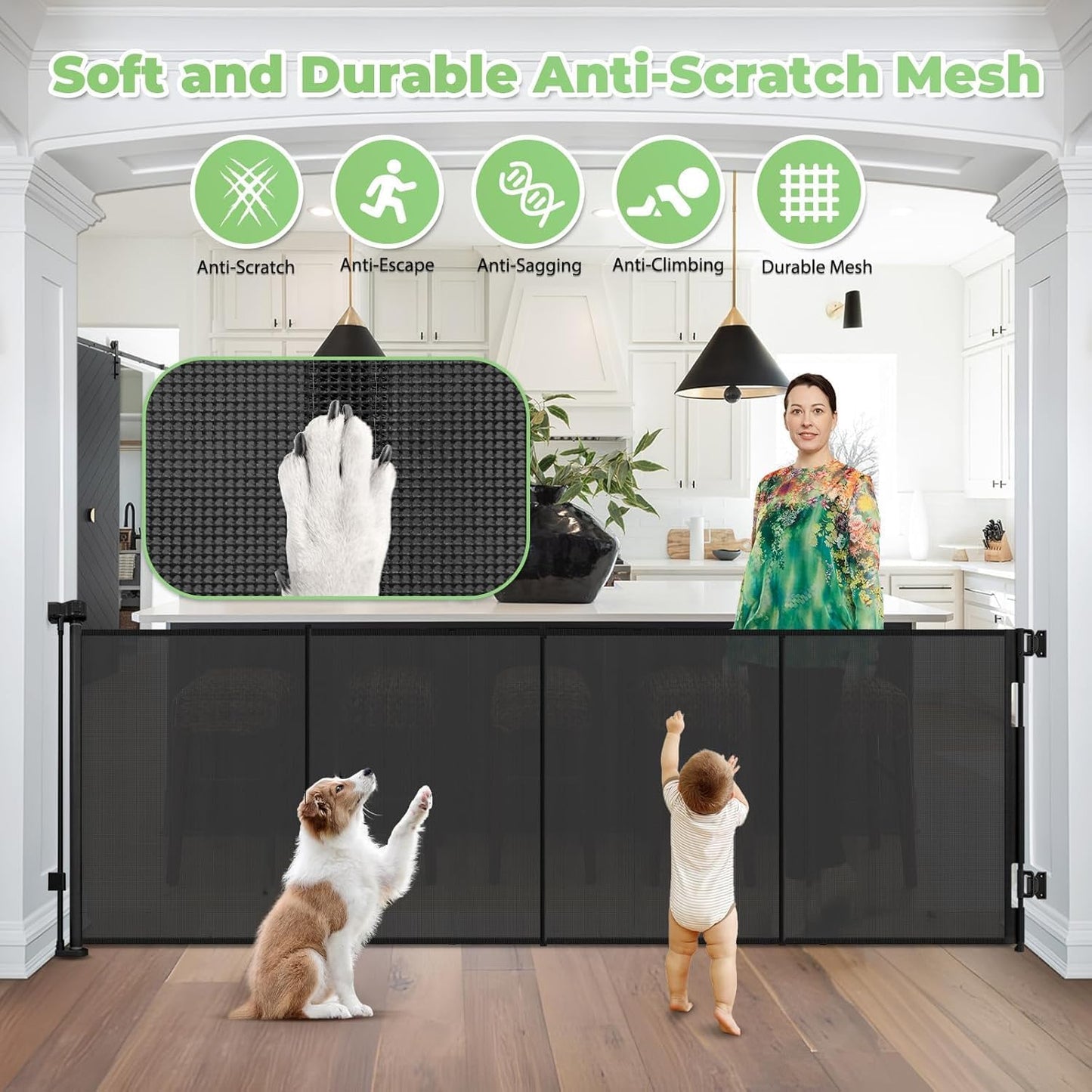 Reinforced 60" Wide Retractable Baby Gates with Upgraded Rods - Bottom Anti-Escape, 5 ft Mesh Baby Gate Retractable Dog Gate Indoor Pet Gate Retractable Stair Gate Outdoor Retractable Gate, Black