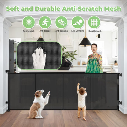 Reinforced 60" Wide Retractable Baby Gates with Upgraded Rods - Bottom Anti-Escape, 5 ft Mesh Baby Gate Retractable Dog Gate Indoor Pet Gate Retractable Stair Gate Outdoor Retractable Gate, Black