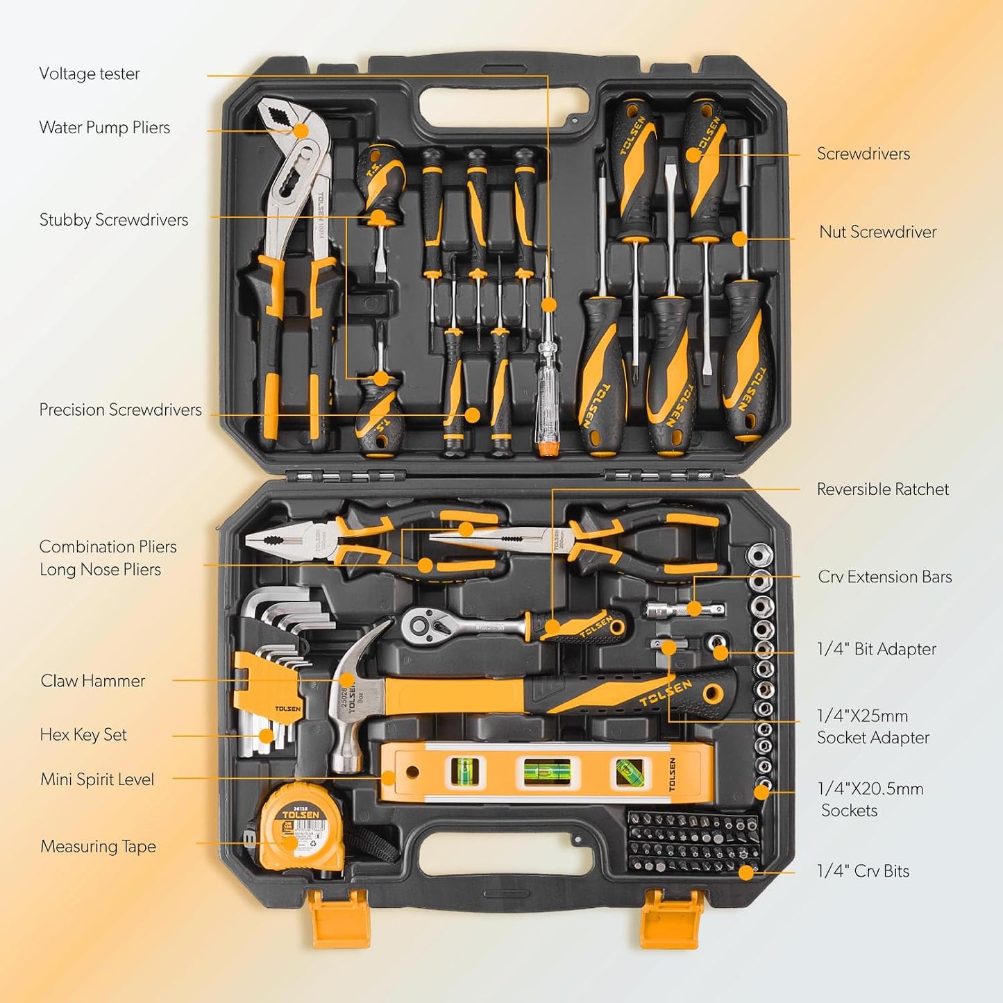 TOLSEN Auto Repair Tool Set Home Mechanic Tool Kit with Toolbox | Portable Complete General Basic Home Tool Kit and Reversible Ratchet Socket Set for Men Women