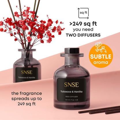 SNSE Tobaco & Vanilla with Flowers Perfumed Reed Diffuser Set | 3.38 oz Scent Fragrance Oil Diffuser for Bedroom, Bathroom, Home Décor and Gift, Decorative Air Fresheners with Sticks
