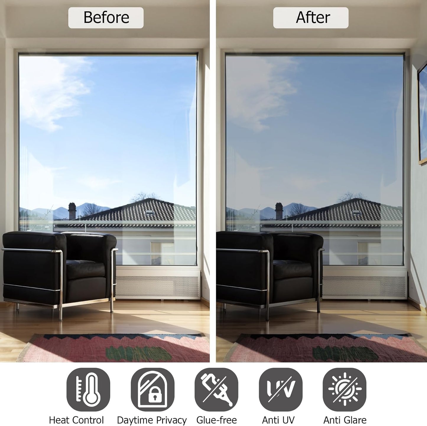 HIDBEA Frosted Window Privacy Film - Non Adhesive Static Cling Glass Stickers Sun UV Blocking Heat Control Door Covering Decals for Home Office, 23.6 x 78.7 Inch