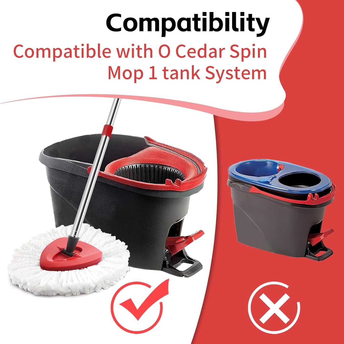 ANREKEYH Spin Mop Replace Head, Base, Handle Compatible with O Cedar EasyWring Microfiber Spin Mop, 2 Mop Refills Replacement Heads, 30-58in Mop Handle and 1 Mop Base Combo Set (White (1-Tank System))