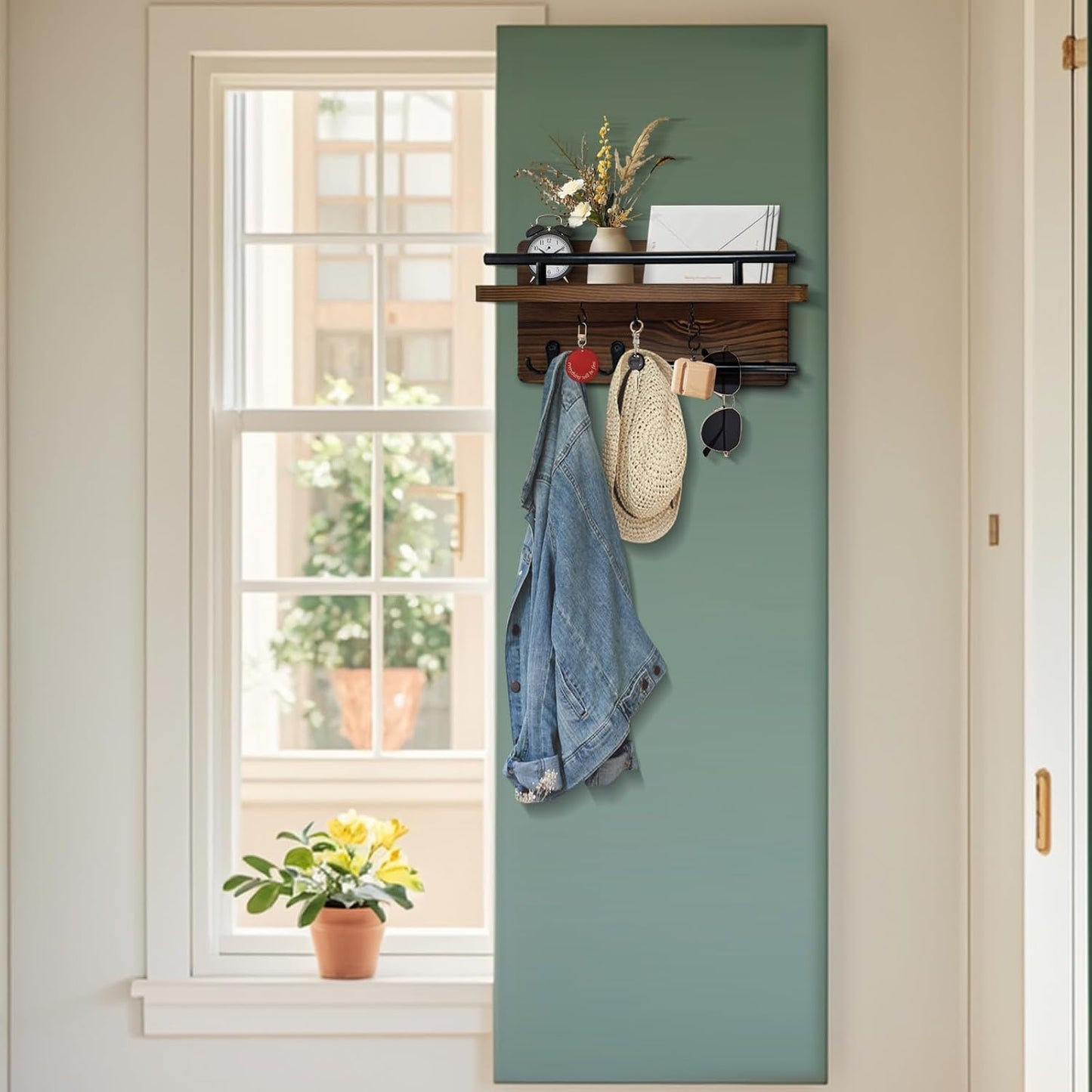 Wooden Key and Mail Holder Wall Mount with 5 Hooks for Entryway Decor | Hold keys&mail,Solid natural wood,Sturdy metal hooks,Easy wall mount,Rustic farmhouse decor