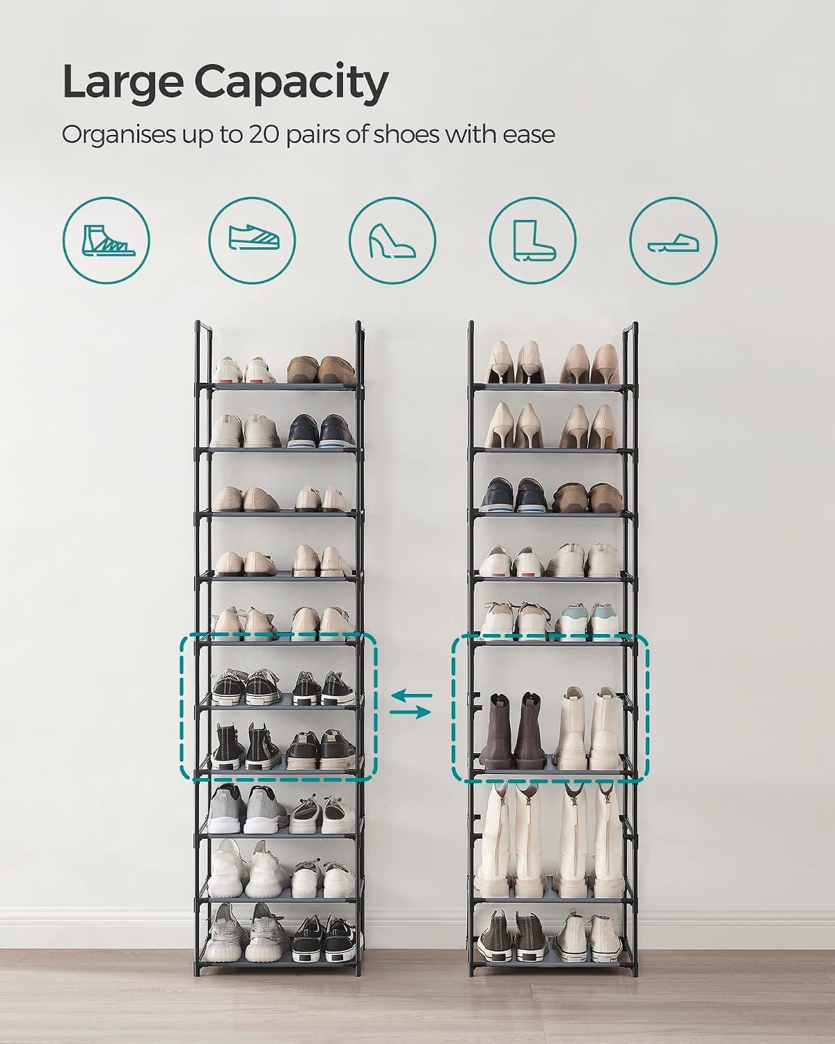 SONGMICS Shoe Rack, 10-Tier Shoe Shelf, Shoe Storage Organizer, 11 x 17.7 x 68 Inches, Metal Frame, Non-Woven Fabric Shelves, for Entryway, Bedroom, Black ULSH010B02