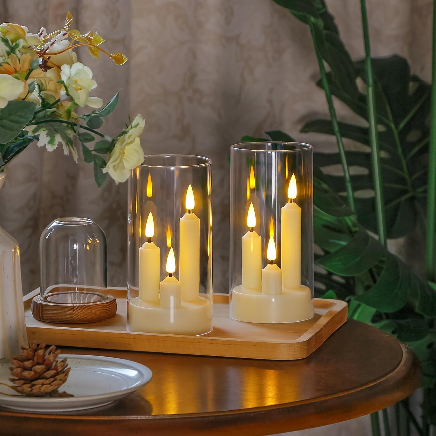 3 in 1 Flameless Taper Short Candles with 10 Key Remote Control and Timer, Battery Operated Pack of 2 LED Acrylic 3" x6" Grey Pillar Flickering Warm Light