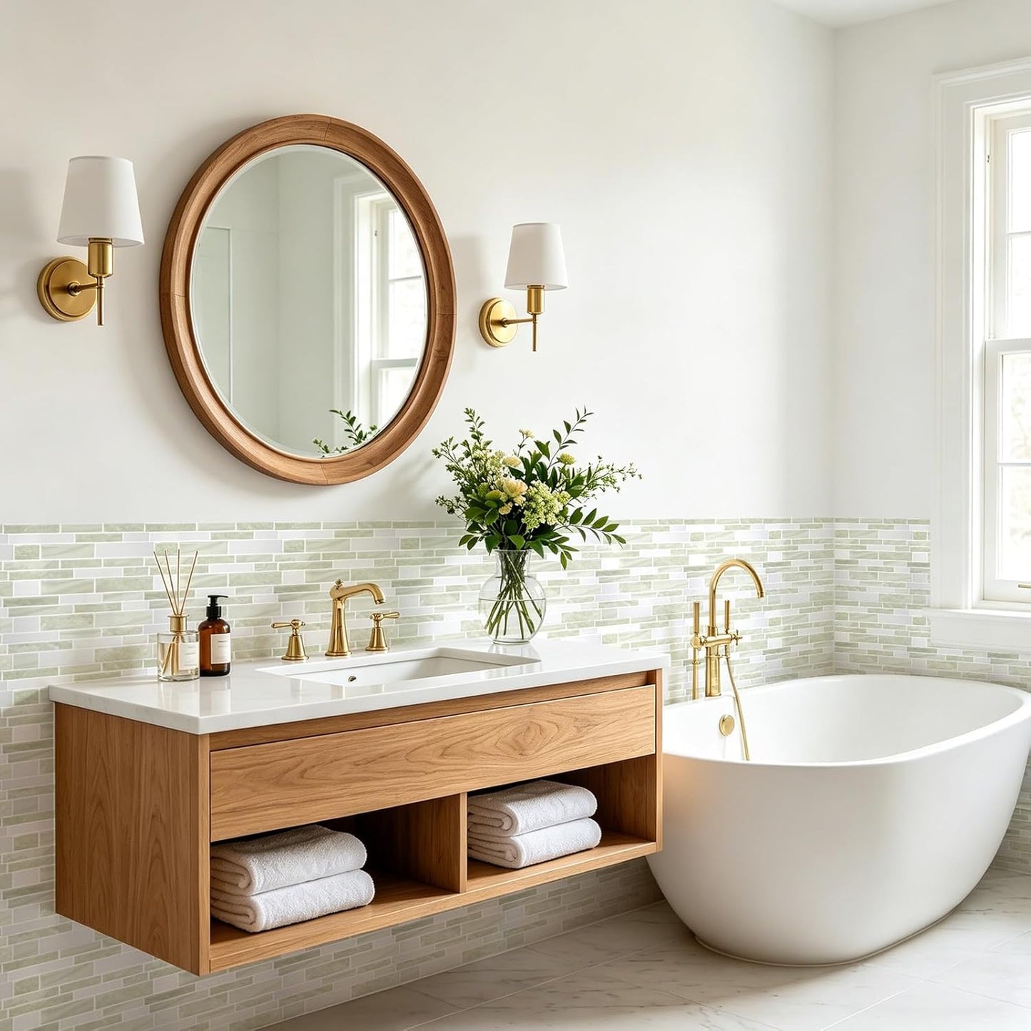 Vieshful 10 Sheet Peel and Stick Backsplash for Kitchen Wall - 12"x12" Smooth PVC 3D Visual Effect Marble Tile Stickers, Waterproof Self Adhesive Light Khaki Wall Tiles for Bathroom, Renter Friendly