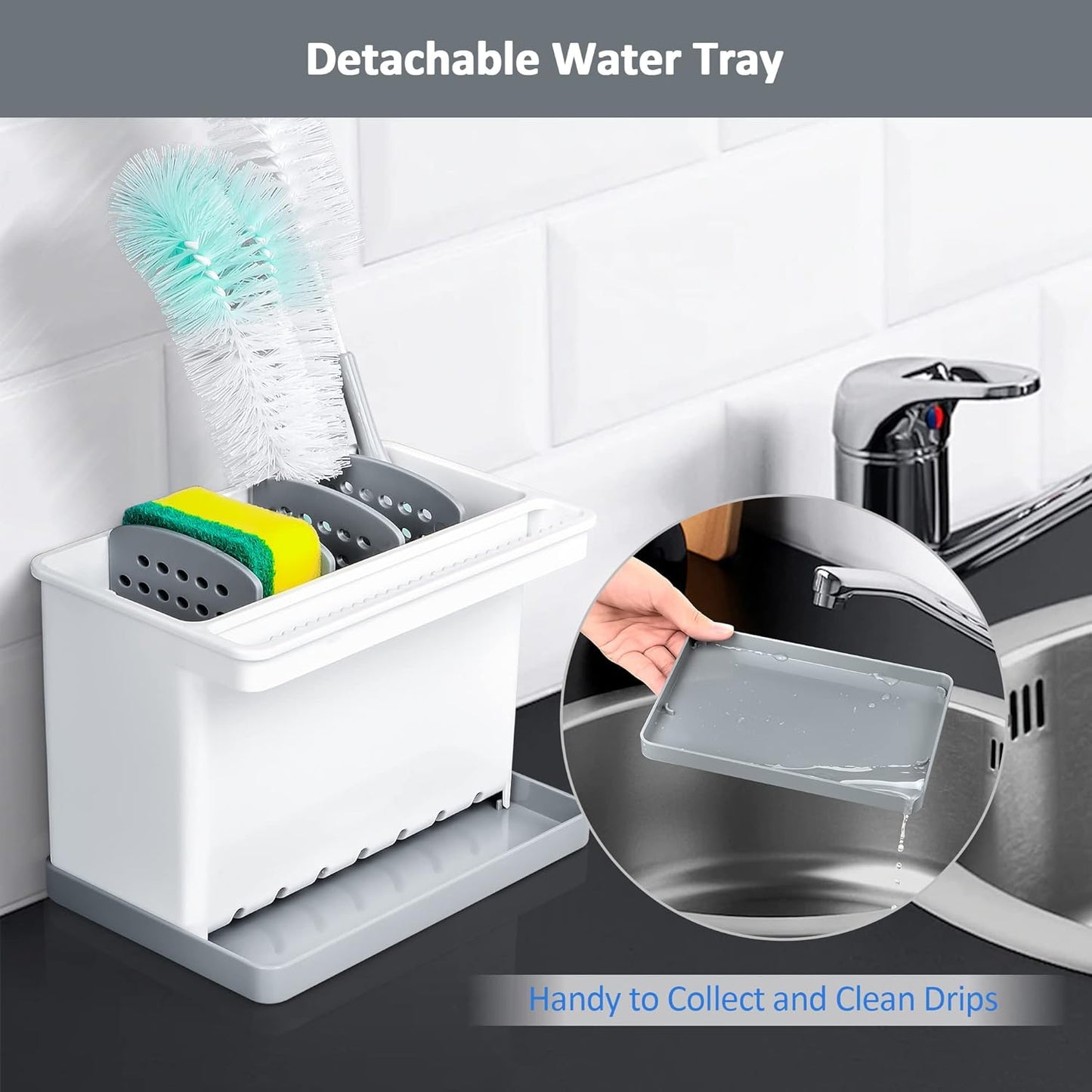JOMOLA Kitchen Sink Organizer Dish Brush Sponge Holder Caddy Toothbrush Holders for Bathrooms Sinkware Kitchen Utensil Holder Sink Caddy Organizer with 4 Separate Dividers Removable Drain Tray (Grey)