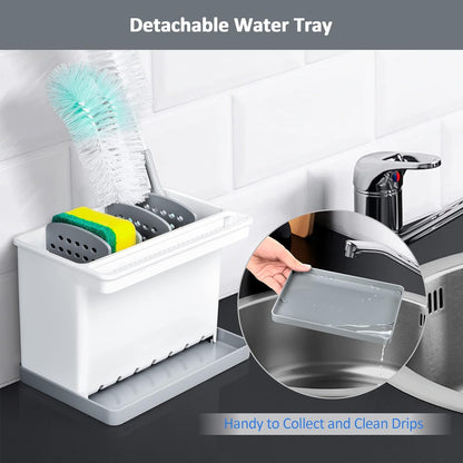 JOMOLA Kitchen Sink Organizer Dish Brush Sponge Holder Caddy Toothbrush Holders for Bathrooms Sinkware Kitchen Utensil Holder Sink Caddy Organizer with 4 Separate Dividers Removable Drain Tray (Grey)