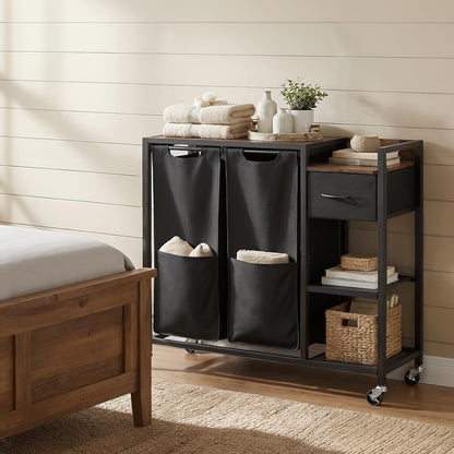 HOOBRO 2 Section Laundry Sorter with Shelf, 24 Gal. (90.8 L) Laundry Hamper with Wheels, Rolling Laundry Basket with Fabric Drawer, 3-Tier Shelves, Side Pockets, Black and Rustic Brown BF27XY01
