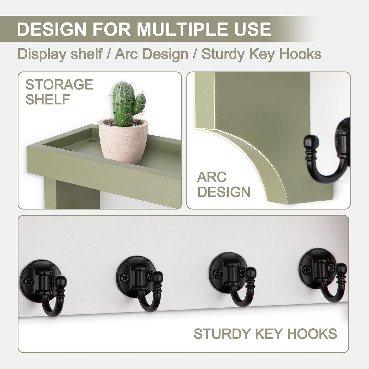Key and Mail Holder Wall Mount, Key Holder with Shelf and Mail Organizer Wall Mount. Mail Holder with 5 Hooks for Coat, Dog Leash, Home Decor Rack, Entry Way Organizer (White)