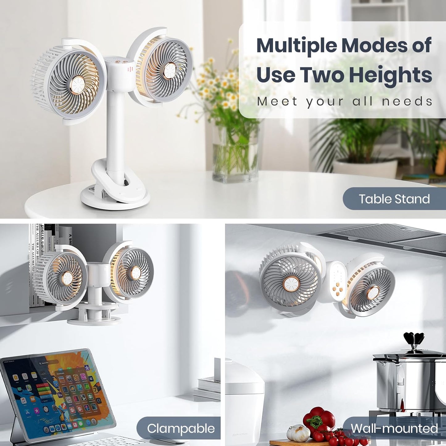 Clip on Fan Dual Head Rechargeable,Portable Desk Fan with LED Lights,Wall Mounted Ultra Silent 360° Rotatable Removable for Car, Table,Bedroom,Office,Camping,Stroller,Treadmill,Travel Outdoor