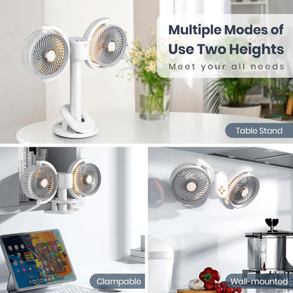 Clip on Fan Dual Head Rechargeable,Portable Desk Fan with LED Lights,Wall Mounted Ultra Silent 360° Rotatable Removable for Car, Table,Bedroom,Office,Camping,Stroller,Treadmill,Travel Outdoor