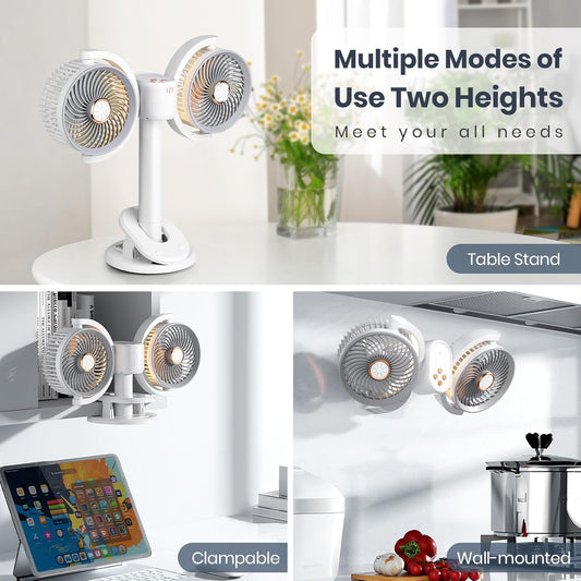Clip on Fan Dual Head Rechargeable,Portable Desk Fan with LED Lights,Wall Mounted Ultra Silent 360° Rotatable Removable for Car, Table,Bedroom,Office,Camping,Stroller,Treadmill,Travel Outdoor