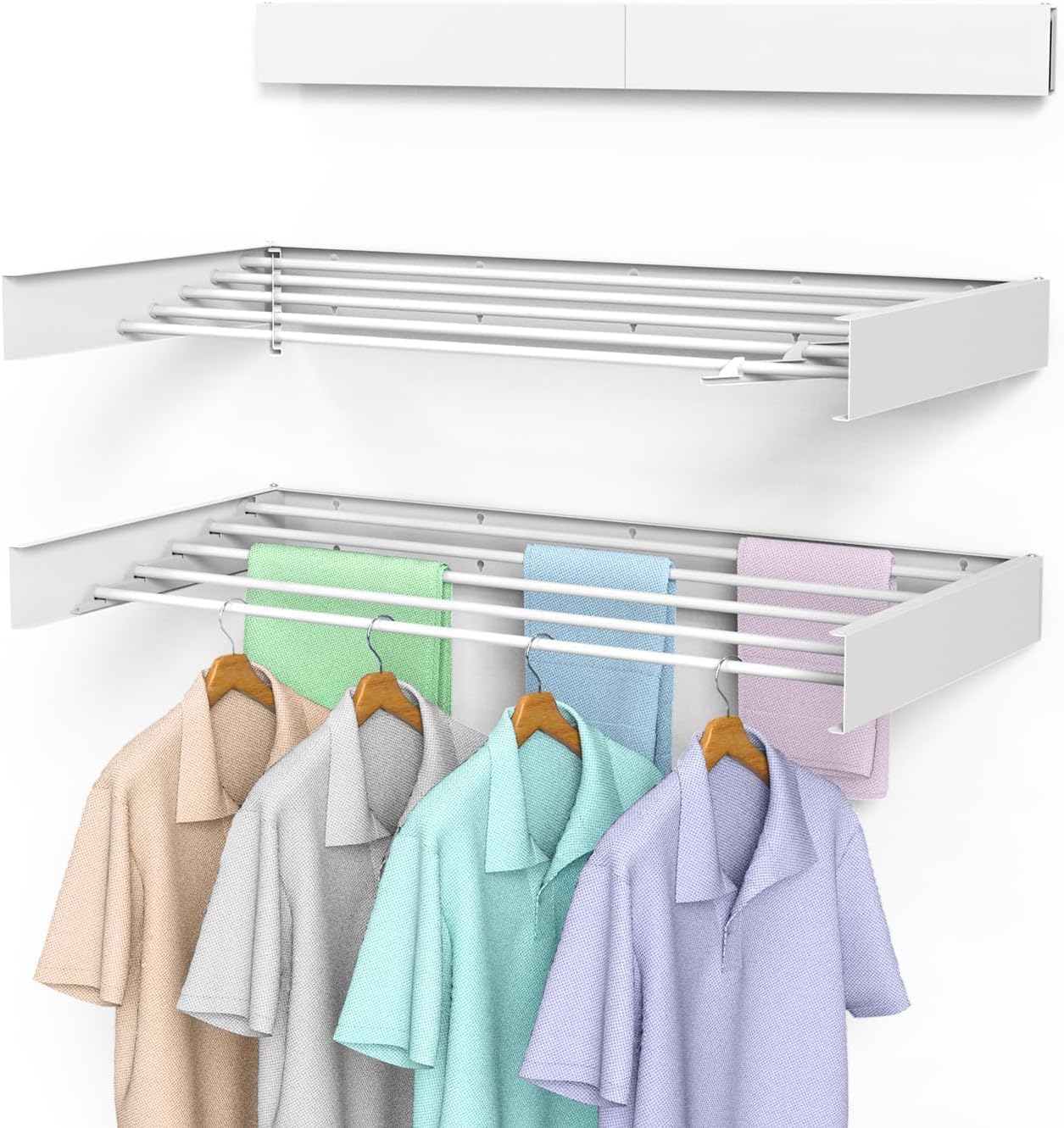 Laundry Drying Rack, Collapsible Wall Mounted Clothes Drying Rack - Foldable,Space Saving, 13.2 Linear Ft, 5 Aluminum Rods, 60 lb Capacity (White, 40" Wide)
