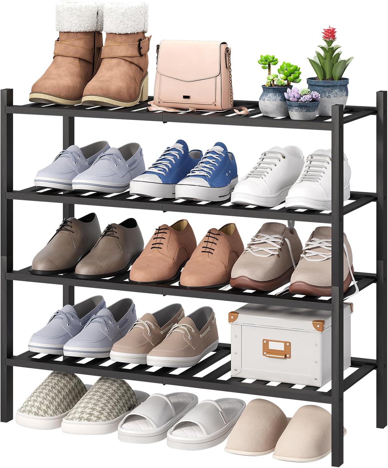 viewcare 3-Tier Black Bamboo Shoe Rack for Entryway, Stackable | Foldable | Natural, Shoe Shelf Storage Organizer for Hallway Closet, Free Standing Shoe Racks for Indoor Outdoor