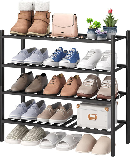 viewcare 3-Tier Black Bamboo Shoe Rack for Entryway, Stackable | Foldable | Natural, Shoe Shelf Storage Organizer for Hallway Closet, Free Standing Shoe Racks for Indoor Outdoor
