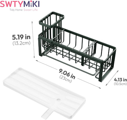 SWTYMIKI Sink Caddy Sponge Holder - Large Sponge Holder for Kitchen Sink with 360°Auto-Drain Tray, Rustproof Stainless Steel Kitchen Organizer Caddy for Countertop Organization