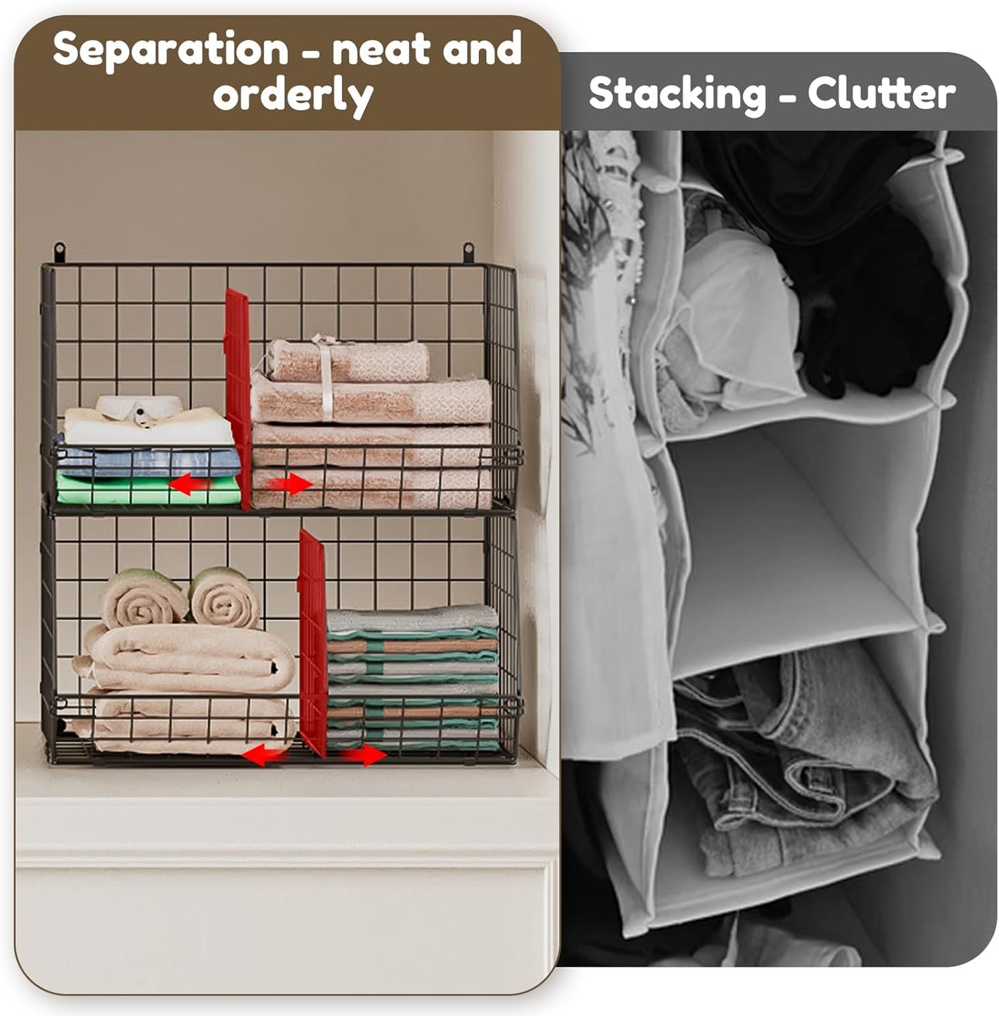 Jautokerdar 4 Tier Hanging Closet Organizer with Dividers,Extra Large Storage Hanging Shelf with 5 S Hooks 4 Dividers,Hang on Wire Closet Shelving Clothes Organizer-Black