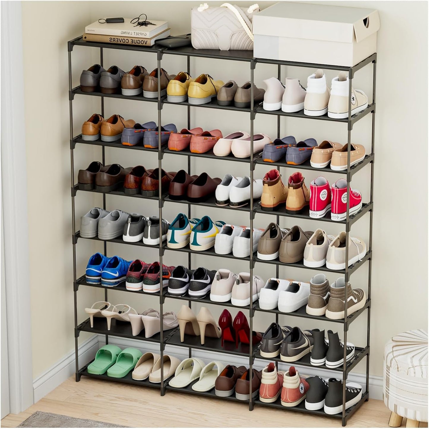 SMILHELTD Large Shoe Rack 4 Row 8 Tier for Entryway Holds 64 Pairs, Metal & Plastic Sneaker Shelves, DIY Assembly, Space Saving Storage Organizer for Garage Closet, 66.1" W x 49.2" H