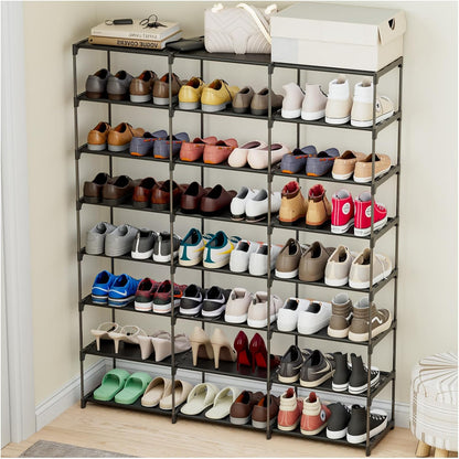 SMILHELTD Large Shoe Rack 4 Row 8 Tier for Entryway Holds 64 Pairs, Metal & Plastic Sneaker Shelves, DIY Assembly, Space Saving Storage Organizer for Garage Closet, 66.1" W x 49.2" H
