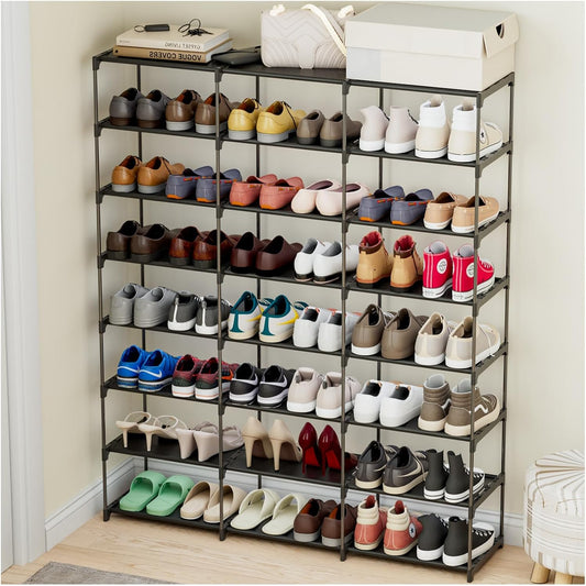 SMILHELTD Large Shoe Rack 4 Row 8 Tier for Entryway Holds 64 Pairs, Metal & Plastic Sneaker Shelves, DIY Assembly, Space Saving Storage Organizer for Garage Closet, 66.1" W x 49.2" H