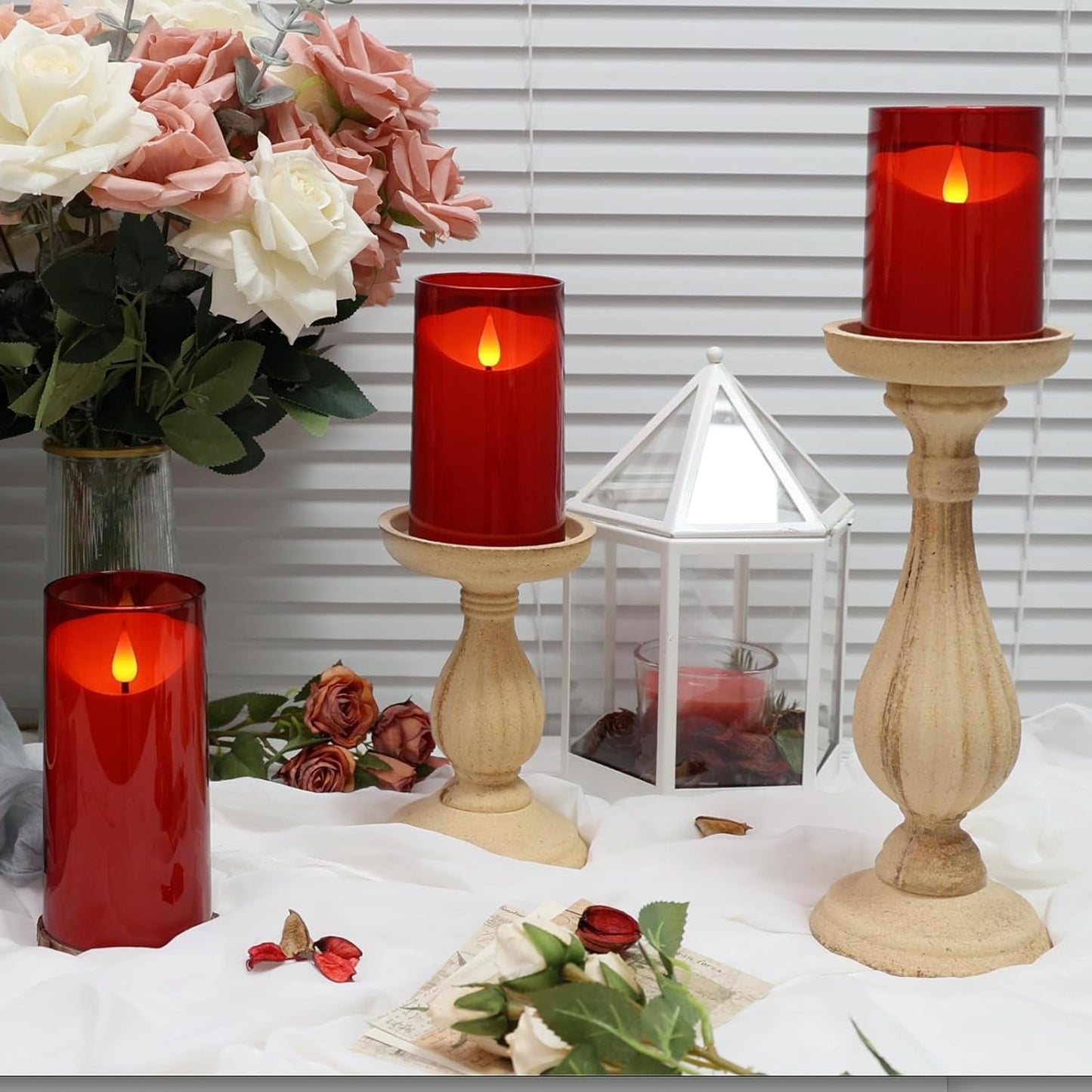 NURADA Flameless Candles with Remote Timer - Glass Real Wax 3D Wick LED Pillar Votive Candle Set Battery Operated Flickering Light for Home Christmas Decoration - White 3 Pack