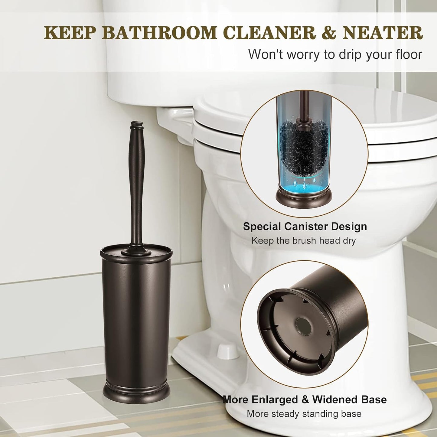 HAMITOR Toilet Bowl Brush Holder Set: 2 Pack Modern Deep Cleaning Bathroom Toilet Scrubber with Caddy for rv - Rim Decorative Accessories Cleaner Brushes for Toilet - Bronze1
