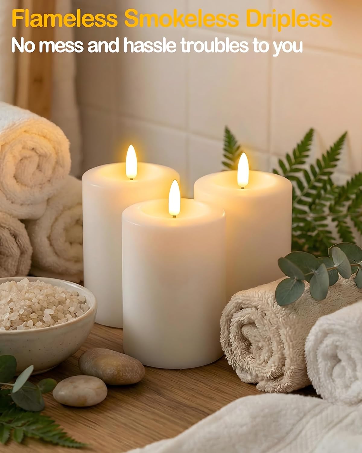 Gmnee 3"x4" Flickering Flameless Candles with Remote Timer, Real Wax, Ivory Pillar Candles, Set of 3 Fake LED Battery Operated Candles for Home, Fireplace, Centerpiece, Rustic and Farmhouse Decor