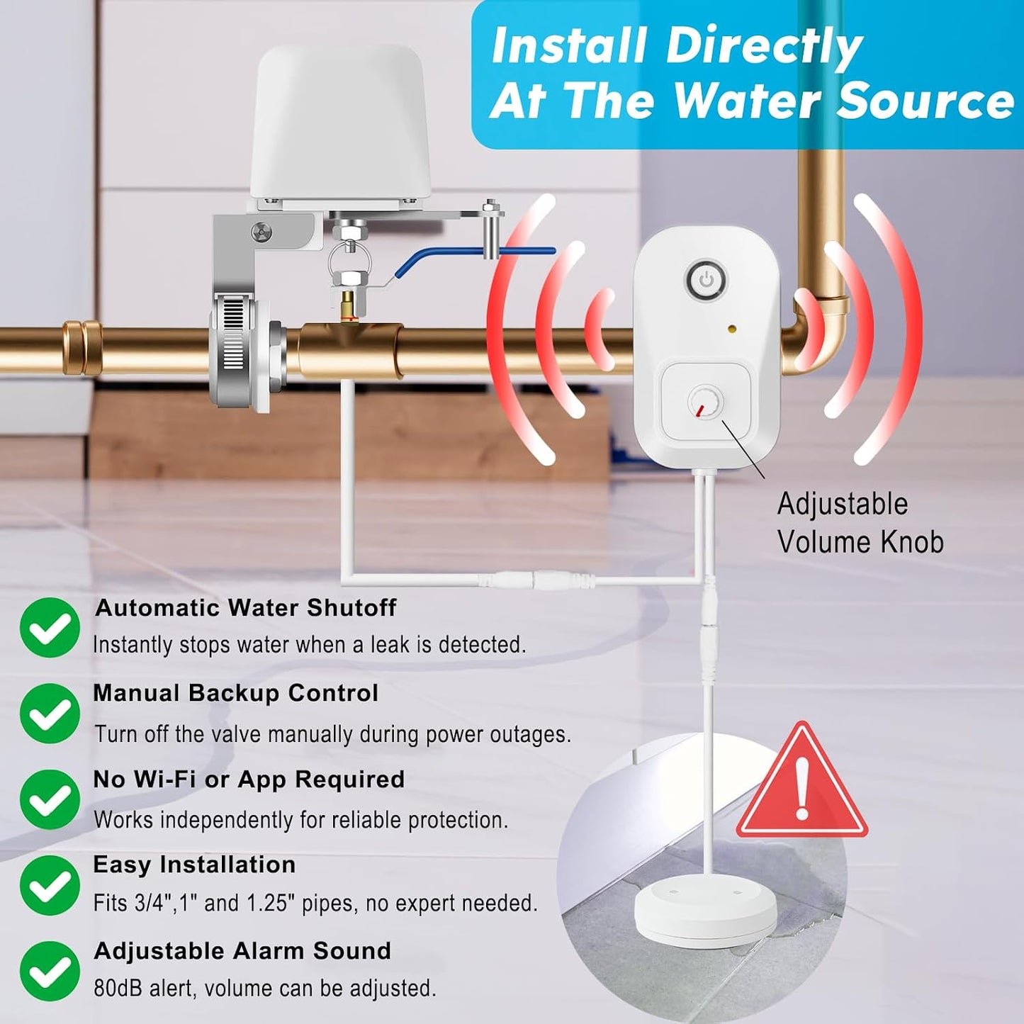 Water Leak Detector for Home, Water Alarm Leak Detector with Automatic Shutoff, Includes Leak Sensor and Water Valve, for 3/4-Inch Diameter Pipe, Protect Your Home from Water Damage
