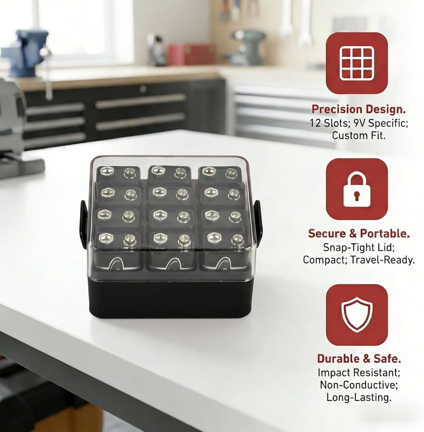 ALCYON Battery Organizer Storage Case, Battery Vault Box Container for 48pcs AA Batteries, Plastic Clear Protective Battery Holder for Travelling/Home/Office (Black, Large)