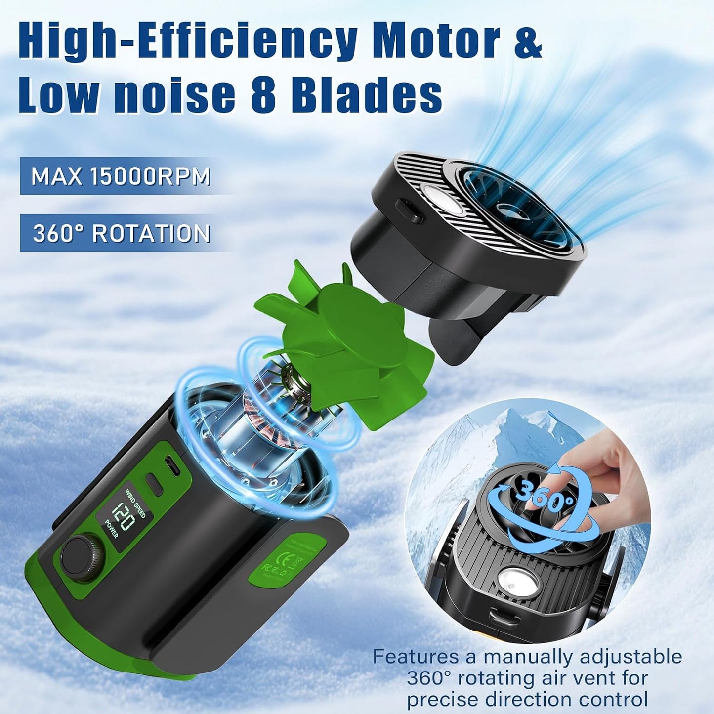 Portable Fan,120-Speed Adjustable Waist Clip Fan Turbo Cooling, Rechargeable Clip-On Personal Fan with LED flashlight,for Outdoor,Travel,Camping