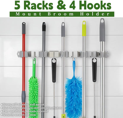 2 Pack Wall Mount Broom Holder, Self Adhesive 5 Racks and 4 Hooks Mop and Broom Organizer Storage Tool Racks Stainless Steel Heavy Duty for Home Kitchen Garden Laundry Garage