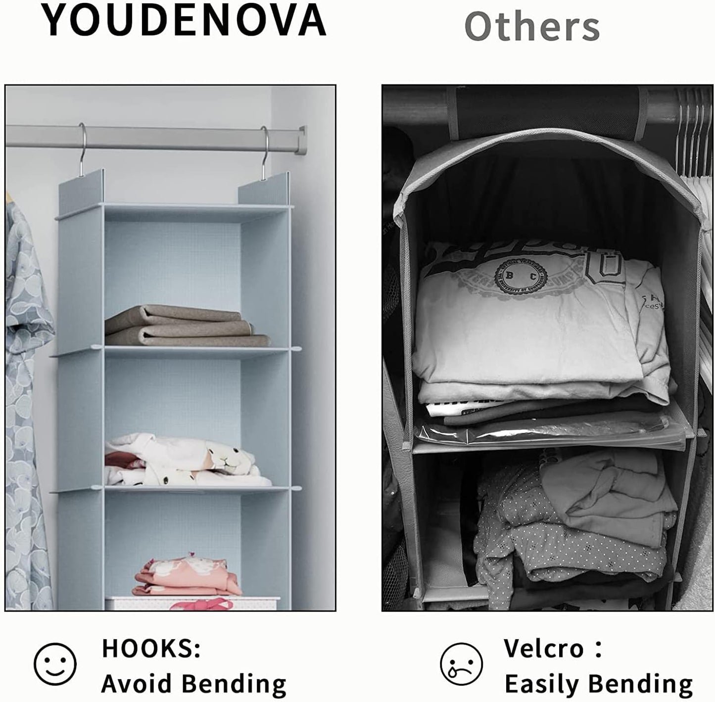 YOUDENOVA Hanging Closet Organizer, 6-Shelf Closet Hanging Shelves, Grey