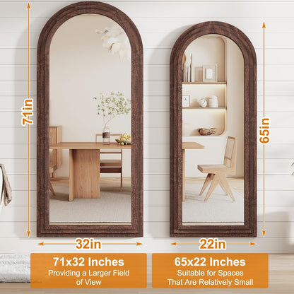 ZHUNFA Arched Full Length Mirror with Solid Wood Frame | 65x22 Farmhouse Wall Mirror Full Length with Stand, Vertical Hanging, Leaning Standing for Bedroom,Living Room, Rustic White