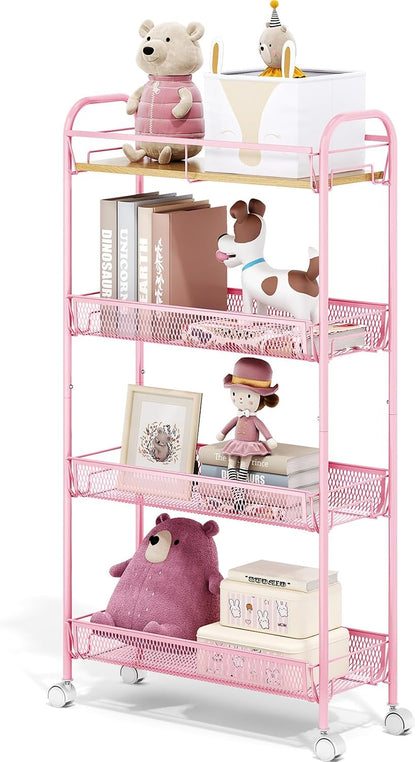 TOOLF 4-Tier Slim Rolling Cart, Metal Utility Cart, Slide Out Storage Cart with Wooden Tabletop and Mesh Baskets for Narrow Space on Kitchen Bathroom Laundry Room Bedroom Apartments Dormitory