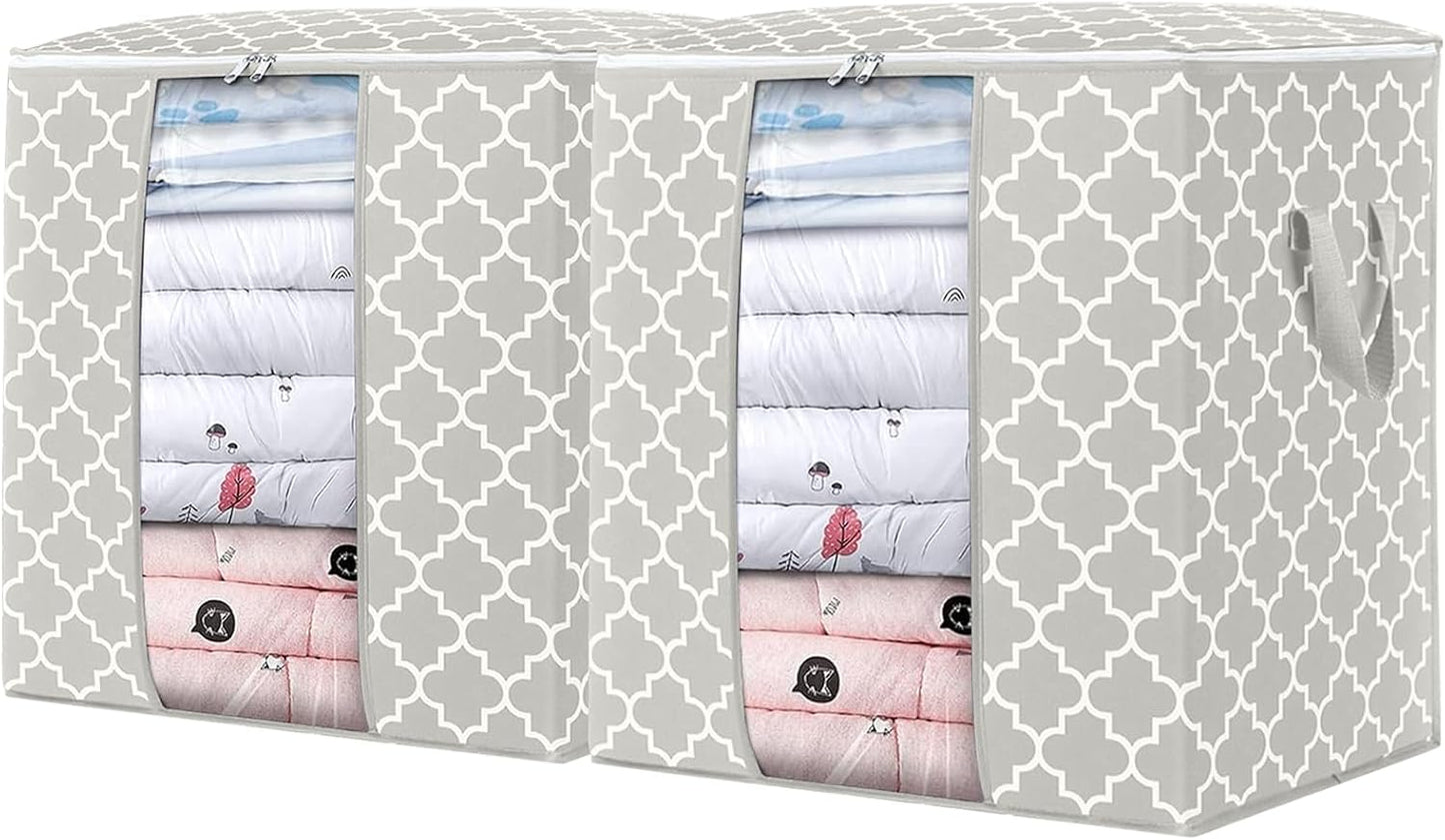 WISELIFE Storage Bags 3 Pack/100L Large Blanket Clothes Organization and Storage Containers for Comforters,Bedding, Foldable Organizer with Reinforced Handle, Clear Window, Sturdy Zippers,Gray