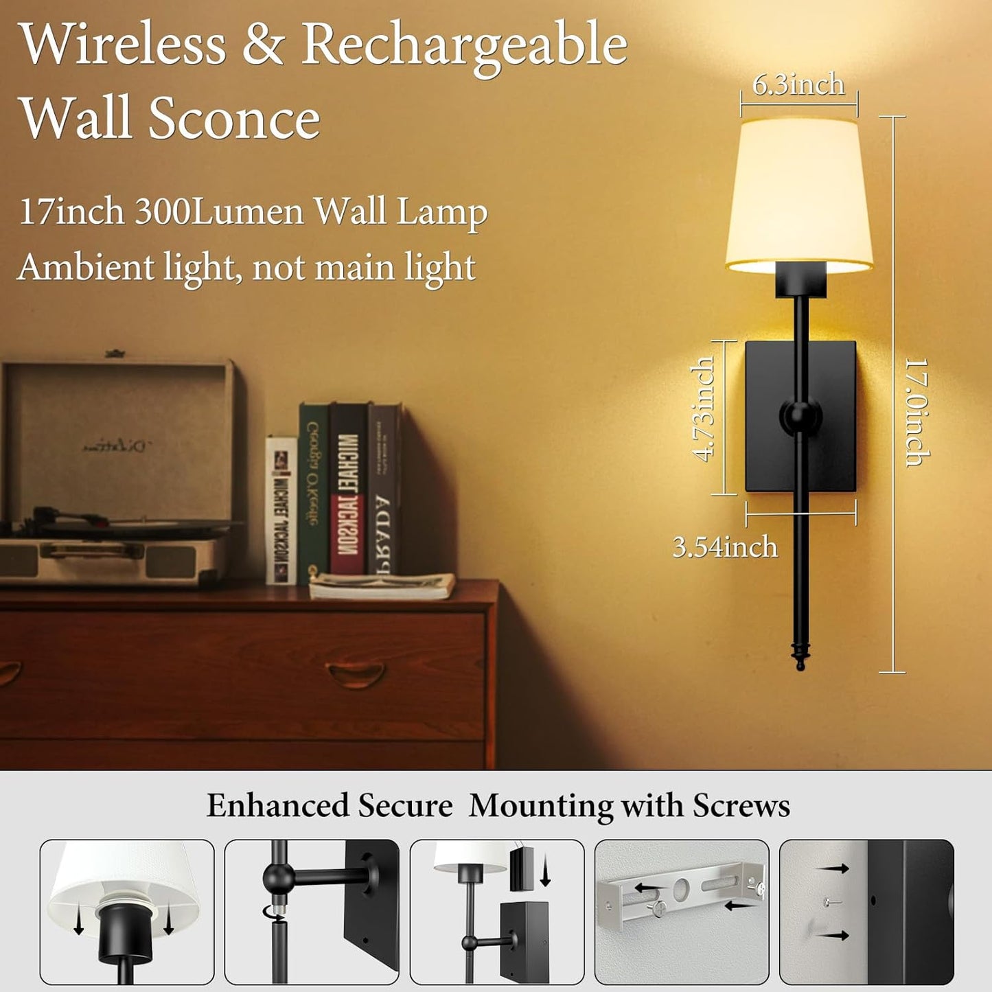 iThird Wall Sconce Battery Operated Set of 2, 6000mAh Rechargeable Wall Lights with Touch Control and Remote Control, Wireless Wall Lamps for Bedroom, Black Sconces Wall Decor for Living Room Hallway