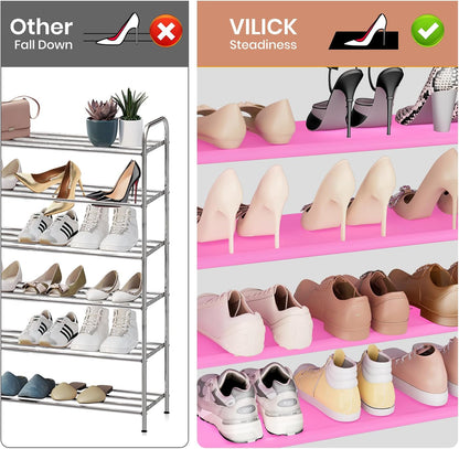 VILICK 5 Tier Shoe Rack with Hook and Side Pocket,Shoe Organizer Space Saver Storage for 20-25 Pair Shoe Storage Shelf Sturdy Free Standing Long Shoe Rack Organizer for Closet,Entryway,Small Spaces