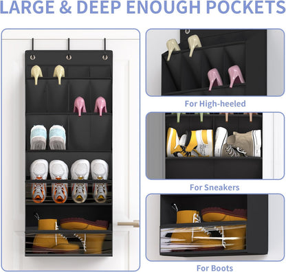 FENTEC 1 Pack Over-the-Door-Shoe-Organizers,Hanging Organizers with Large Pocket Shoe Holder Hanging Shoe Rack for Closet Shoe Organizer for Wall, Over Door Organizer with 15 Pockets Gray