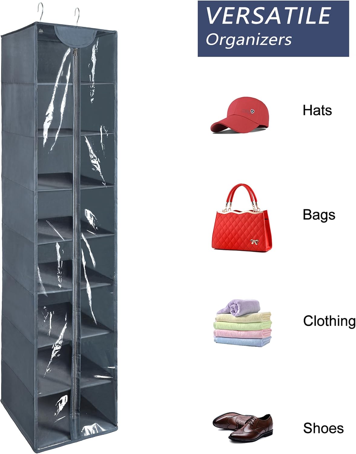 Libeder Hanging Closet Organizer, 8-Shelf Wardrobe Clothes Storage Organizer with Zipper,Hanging Shelves for Sweater,Shoes,Purse,Hats,White