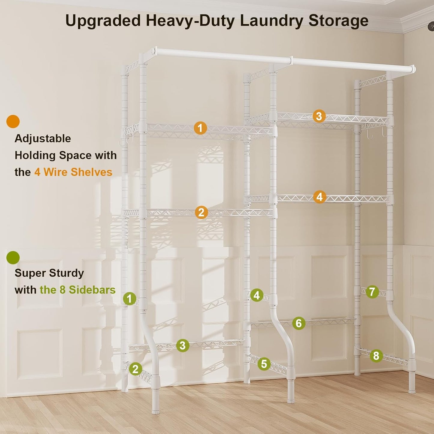 ULIFHOME U14 Over Washer and Dryer Storage Shelves, 4 Tiers Laundry Room Storage and Organizer System, Space Saving Clothes Drying Rack with 2 Clothes Hanger Rods, 66.5" W x 20.5" D x 77.4" H, Black